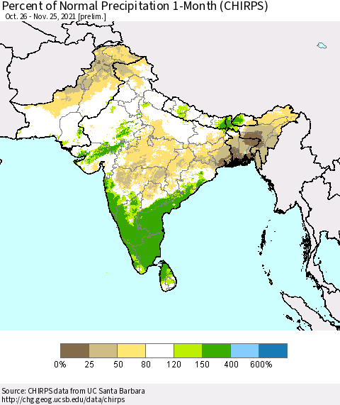 Southern Asia Percent of Normal Precipitation 1-Month (CHIRPS) Thematic Map For 10/26/2021 - 11/25/2021