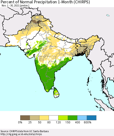 Southern Asia Percent of Normal Precipitation 1-Month (CHIRPS) Thematic Map For 11/1/2021 - 11/30/2021