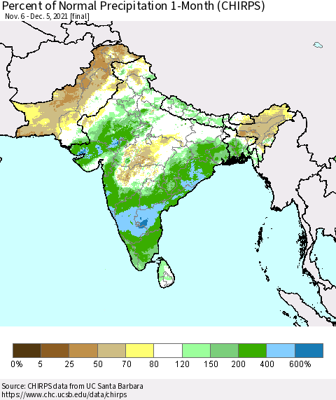Southern Asia Percent of Normal Precipitation 1-Month (CHIRPS) Thematic Map For 11/6/2021 - 12/5/2021
