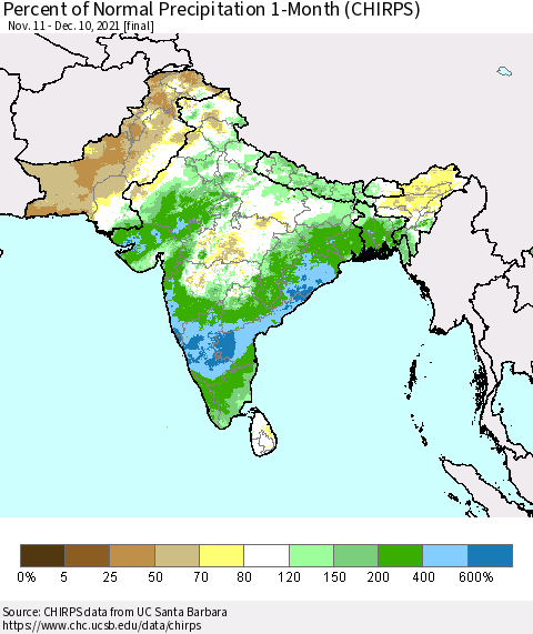 Southern Asia Percent of Normal Precipitation 1-Month (CHIRPS) Thematic Map For 11/11/2021 - 12/10/2021