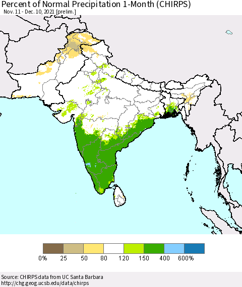 Southern Asia Percent of Normal Precipitation 1-Month (CHIRPS) Thematic Map For 11/11/2021 - 12/10/2021
