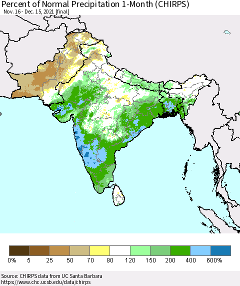 Southern Asia Percent of Normal Precipitation 1-Month (CHIRPS) Thematic Map For 11/16/2021 - 12/15/2021