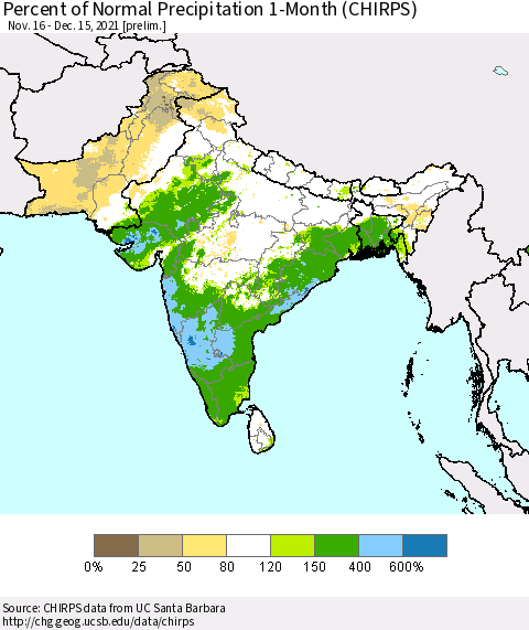 Southern Asia Percent of Normal Precipitation 1-Month (CHIRPS) Thematic Map For 11/16/2021 - 12/15/2021