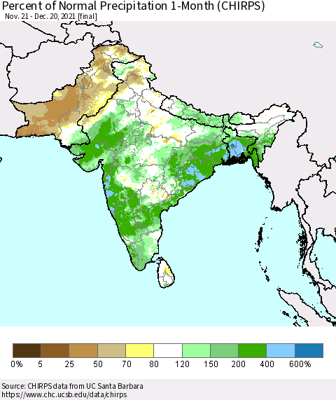 Southern Asia Percent of Normal Precipitation 1-Month (CHIRPS) Thematic Map For 11/21/2021 - 12/20/2021
