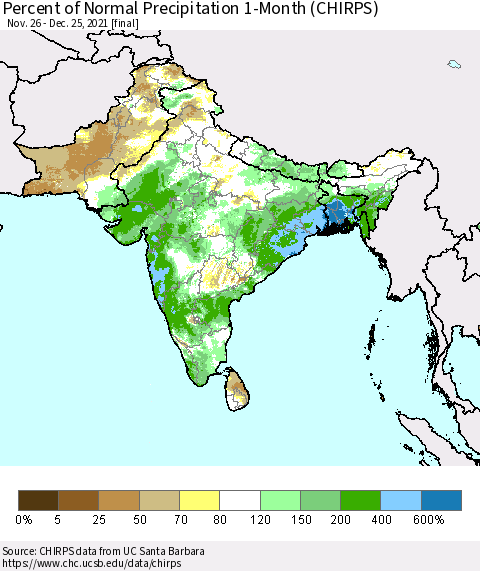 Southern Asia Percent of Normal Precipitation 1-Month (CHIRPS) Thematic Map For 11/26/2021 - 12/25/2021