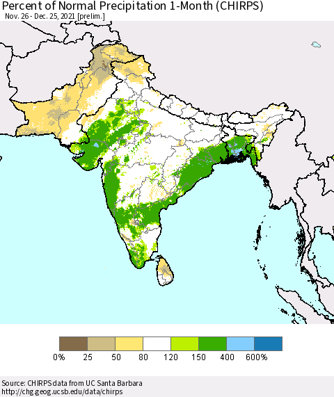Southern Asia Percent of Normal Precipitation 1-Month (CHIRPS) Thematic Map For 11/26/2021 - 12/25/2021