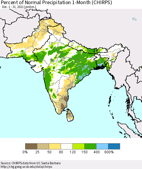 Southern Asia Percent of Normal Precipitation 1-Month (CHIRPS) Thematic Map For 12/1/2021 - 12/31/2021