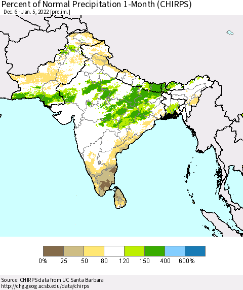 Southern Asia Percent of Normal Precipitation 1-Month (CHIRPS) Thematic Map For 12/6/2021 - 1/5/2022