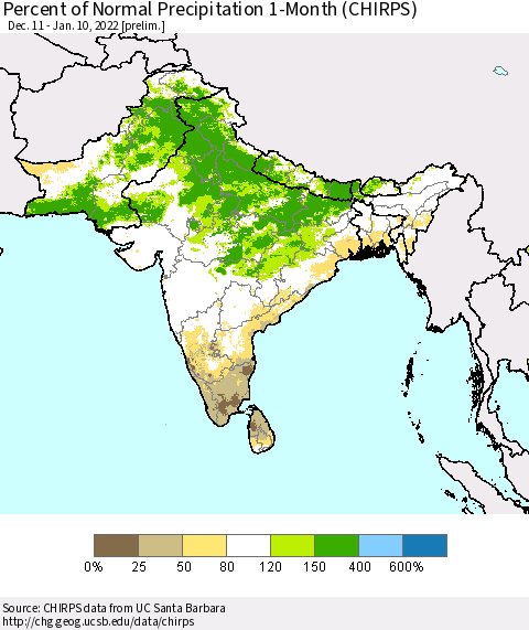 Southern Asia Percent of Normal Precipitation 1-Month (CHIRPS) Thematic Map For 12/11/2021 - 1/10/2022