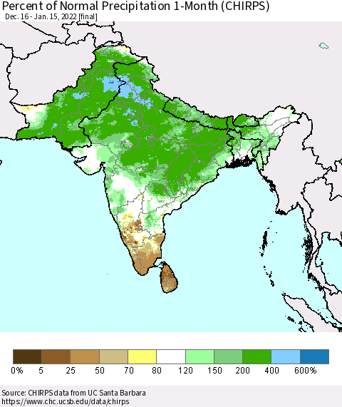 Southern Asia Percent of Normal Precipitation 1-Month (CHIRPS) Thematic Map For 12/16/2021 - 1/15/2022