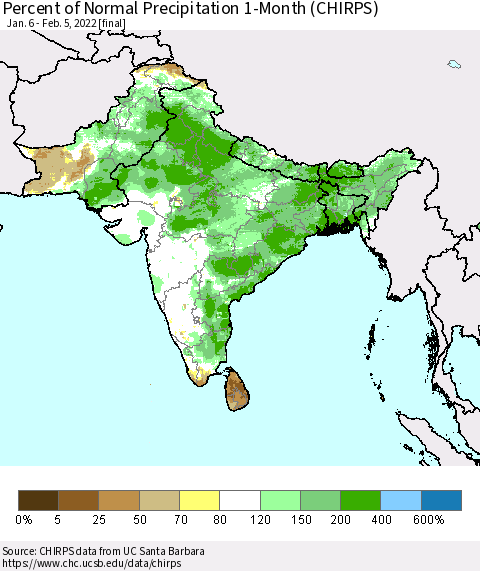 Southern Asia Percent of Normal Precipitation 1-Month (CHIRPS) Thematic Map For 1/6/2022 - 2/5/2022