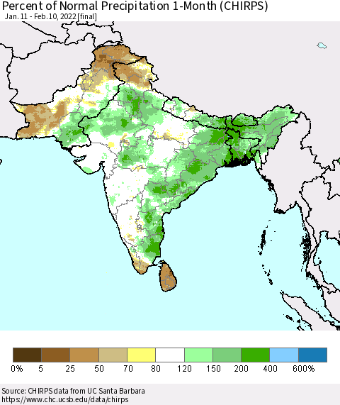 Southern Asia Percent of Normal Precipitation 1-Month (CHIRPS) Thematic Map For 1/11/2022 - 2/10/2022