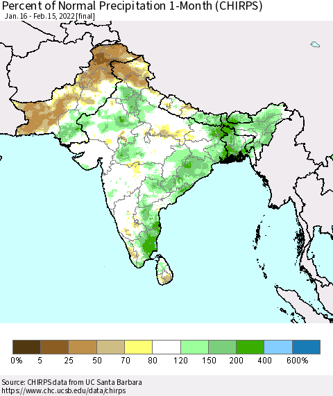 Southern Asia Percent of Normal Precipitation 1-Month (CHIRPS) Thematic Map For 1/16/2022 - 2/15/2022