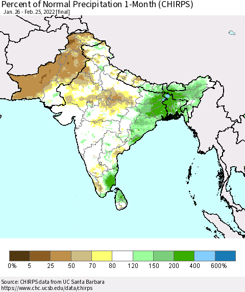 Southern Asia Percent of Normal Precipitation 1-Month (CHIRPS) Thematic Map For 1/26/2022 - 2/25/2022