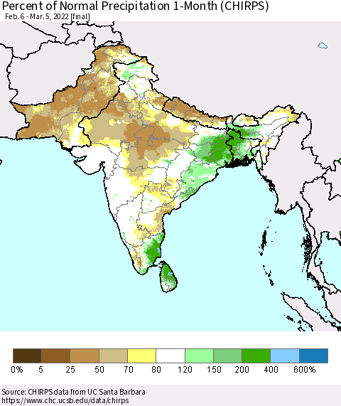Southern Asia Percent of Normal Precipitation 1-Month (CHIRPS) Thematic Map For 2/6/2022 - 3/5/2022