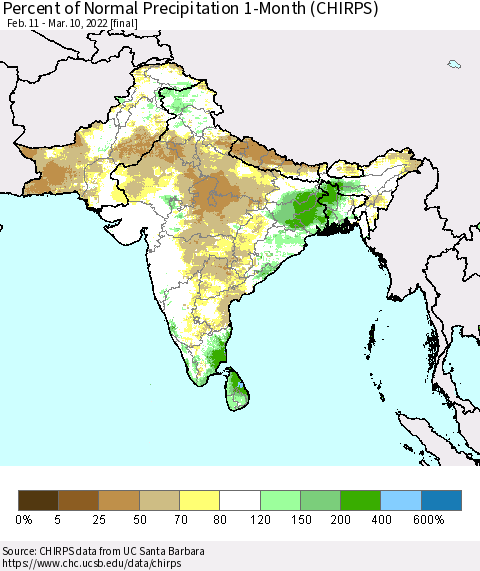 Southern Asia Percent of Normal Precipitation 1-Month (CHIRPS) Thematic Map For 2/11/2022 - 3/10/2022