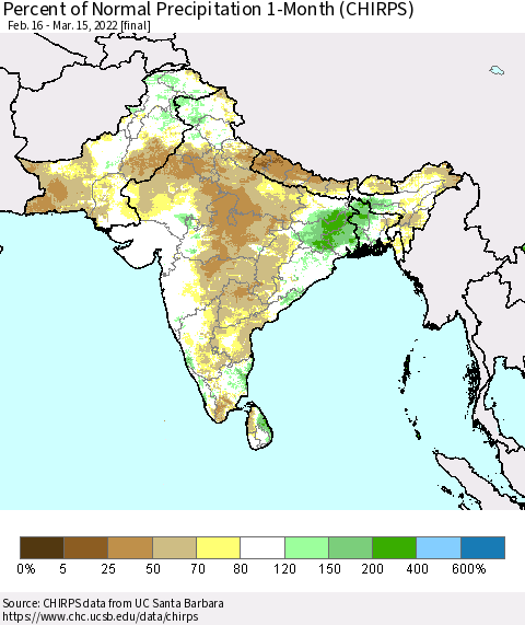 Southern Asia Percent of Normal Precipitation 1-Month (CHIRPS) Thematic Map For 2/16/2022 - 3/15/2022