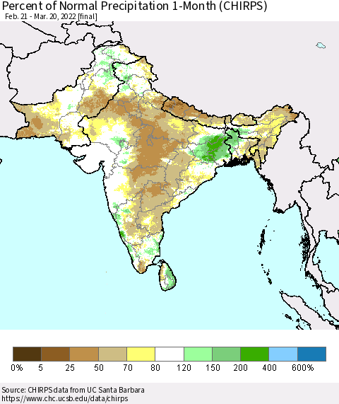 Southern Asia Percent of Normal Precipitation 1-Month (CHIRPS) Thematic Map For 2/21/2022 - 3/20/2022