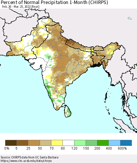 Southern Asia Percent of Normal Precipitation 1-Month (CHIRPS) Thematic Map For 2/26/2022 - 3/25/2022