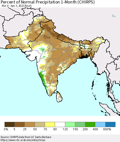 Southern Asia Percent of Normal Precipitation 1-Month (CHIRPS) Thematic Map For 3/6/2022 - 4/5/2022