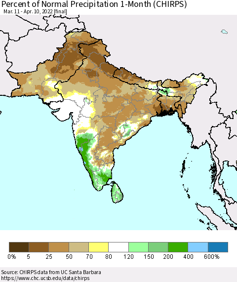 Southern Asia Percent of Normal Precipitation 1-Month (CHIRPS) Thematic Map For 3/11/2022 - 4/10/2022