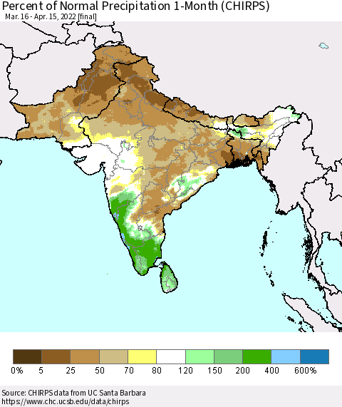 Southern Asia Percent of Normal Precipitation 1-Month (CHIRPS) Thematic Map For 3/16/2022 - 4/15/2022