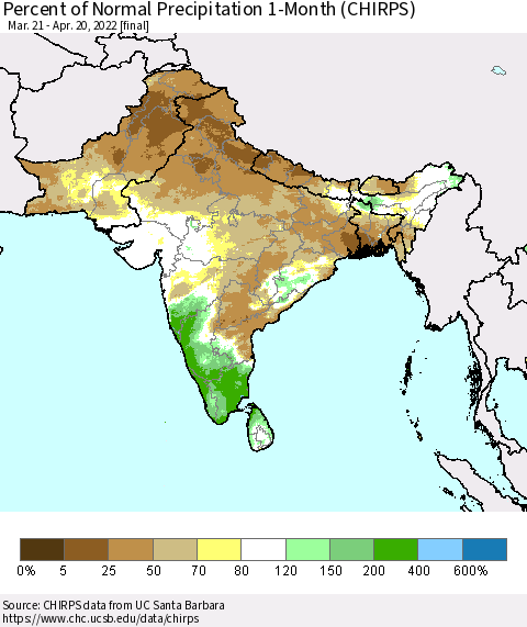 Southern Asia Percent of Normal Precipitation 1-Month (CHIRPS) Thematic Map For 3/21/2022 - 4/20/2022
