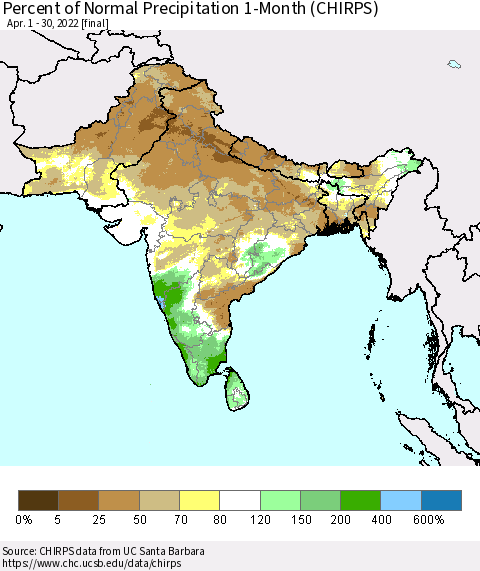 Southern Asia Percent of Normal Precipitation 1-Month (CHIRPS) Thematic Map For 4/1/2022 - 4/30/2022