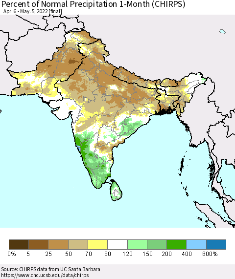 Southern Asia Percent of Normal Precipitation 1-Month (CHIRPS) Thematic Map For 4/6/2022 - 5/5/2022