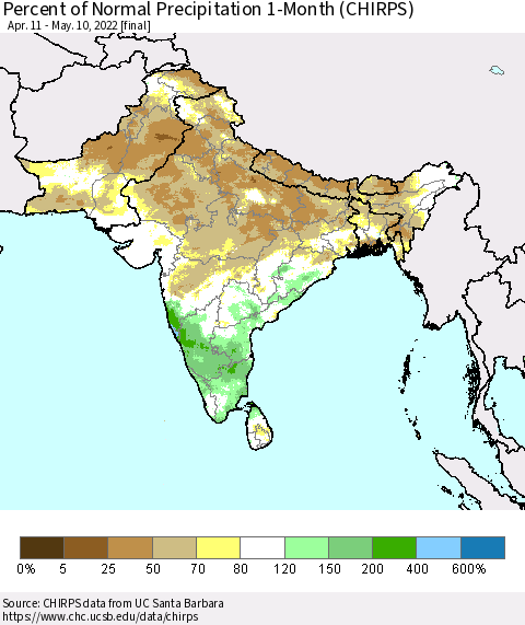 Southern Asia Percent of Normal Precipitation 1-Month (CHIRPS) Thematic Map For 4/11/2022 - 5/10/2022