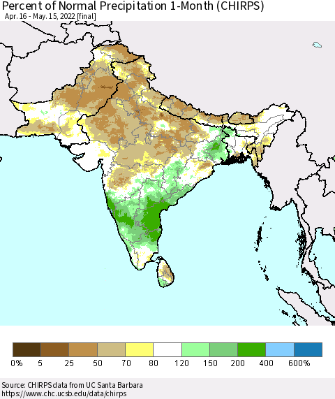 Southern Asia Percent of Normal Precipitation 1-Month (CHIRPS) Thematic Map For 4/16/2022 - 5/15/2022
