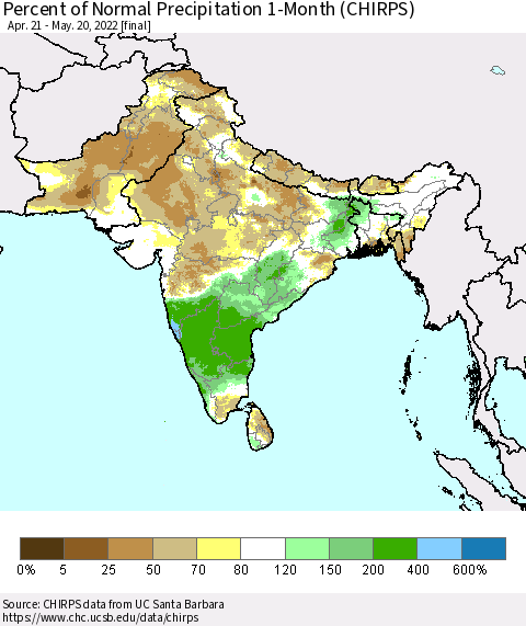 Southern Asia Percent of Normal Precipitation 1-Month (CHIRPS) Thematic Map For 4/21/2022 - 5/20/2022