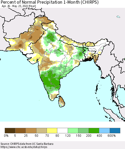 Southern Asia Percent of Normal Precipitation 1-Month (CHIRPS) Thematic Map For 4/26/2022 - 5/25/2022