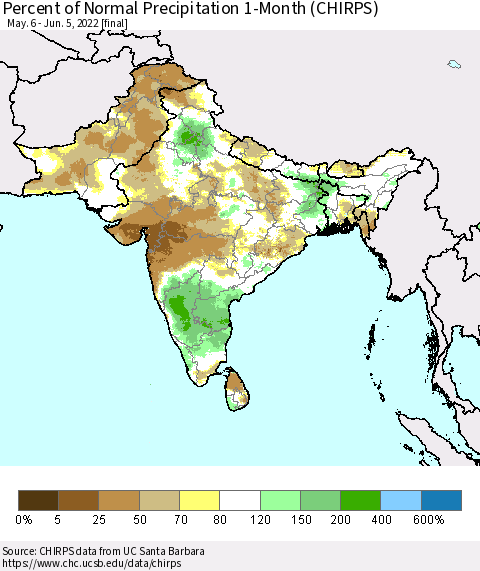 Southern Asia Percent of Normal Precipitation 1-Month (CHIRPS) Thematic Map For 5/6/2022 - 6/5/2022