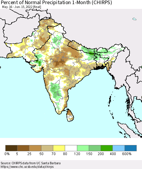 Southern Asia Percent of Normal Precipitation 1-Month (CHIRPS) Thematic Map For 5/16/2022 - 6/15/2022