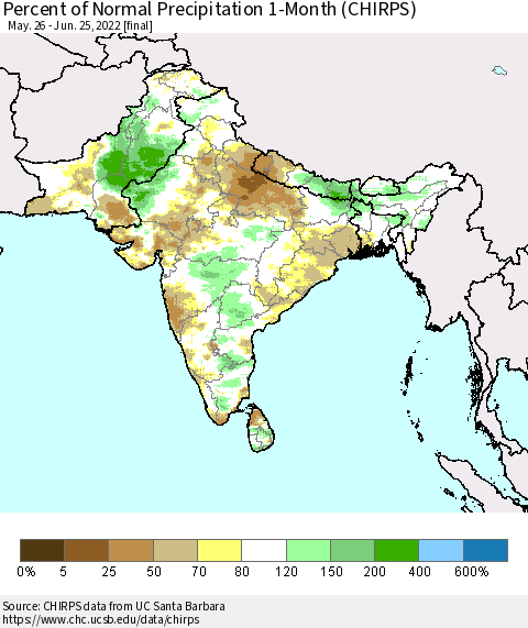 Southern Asia Percent of Normal Precipitation 1-Month (CHIRPS) Thematic Map For 5/26/2022 - 6/25/2022