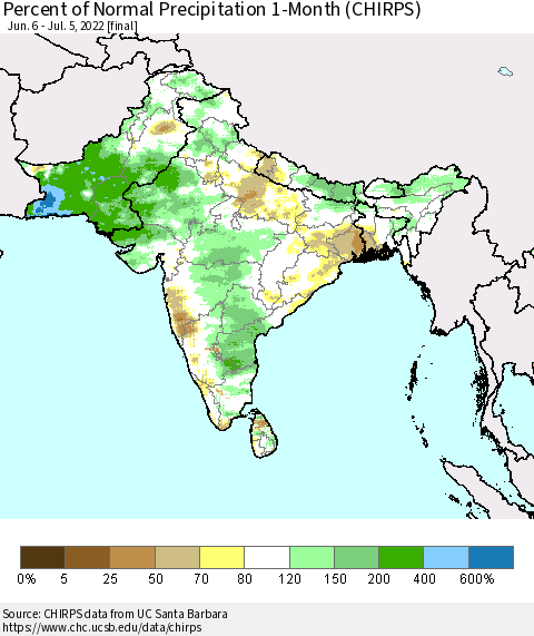 Southern Asia Percent of Normal Precipitation 1-Month (CHIRPS) Thematic Map For 6/6/2022 - 7/5/2022