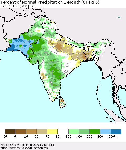 Southern Asia Percent of Normal Precipitation 1-Month (CHIRPS) Thematic Map For 6/11/2022 - 7/10/2022