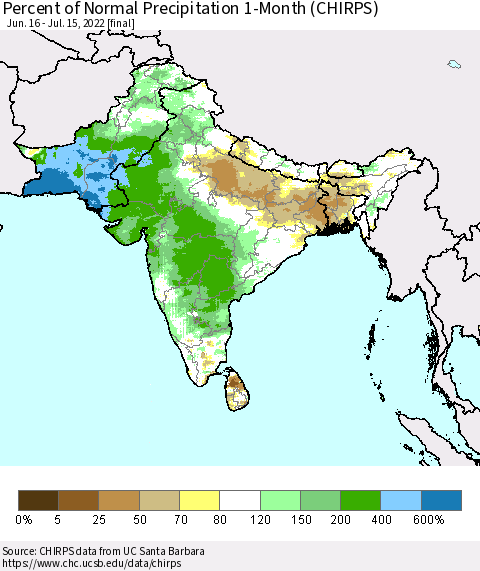 Southern Asia Percent of Normal Precipitation 1-Month (CHIRPS) Thematic Map For 6/16/2022 - 7/15/2022