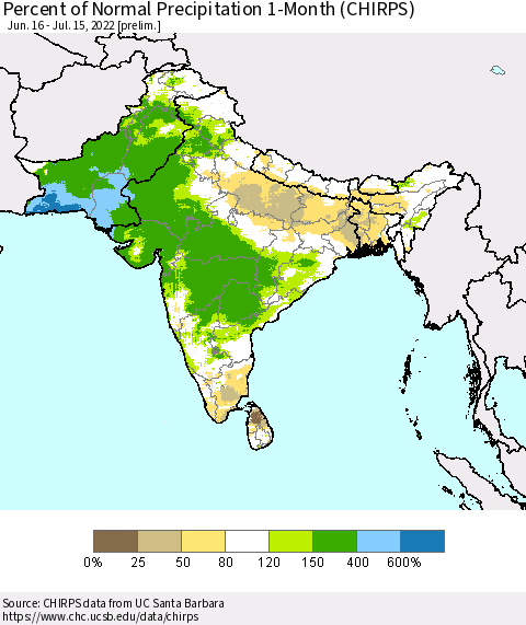 Southern Asia Percent of Normal Precipitation 1-Month (CHIRPS) Thematic Map For 6/16/2022 - 7/15/2022