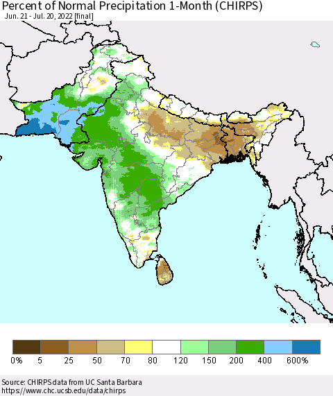 Southern Asia Percent of Normal Precipitation 1-Month (CHIRPS) Thematic Map For 6/21/2022 - 7/20/2022