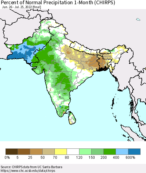 Southern Asia Percent of Normal Precipitation 1-Month (CHIRPS) Thematic Map For 6/26/2022 - 7/25/2022