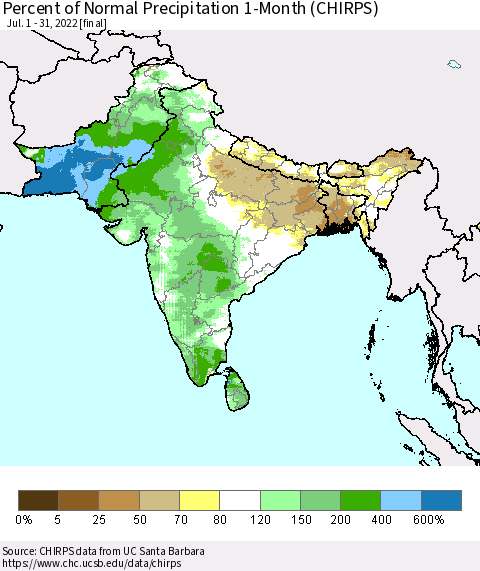 Southern Asia Percent of Normal Precipitation 1-Month (CHIRPS) Thematic Map For 7/1/2022 - 7/31/2022
