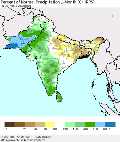 Southern Asia Percent of Normal Precipitation 1-Month (CHIRPS) Thematic Map For 7/6/2022 - 8/5/2022