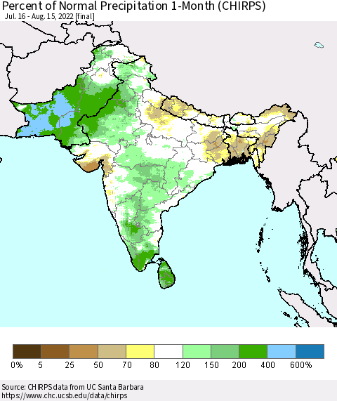 Southern Asia Percent of Normal Precipitation 1-Month (CHIRPS) Thematic Map For 7/16/2022 - 8/15/2022