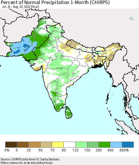 Southern Asia Percent of Normal Precipitation 1-Month (CHIRPS) Thematic Map For 7/21/2022 - 8/20/2022