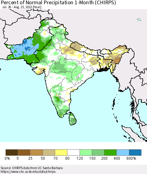Southern Asia Percent of Normal Precipitation 1-Month (CHIRPS) Thematic Map For 7/26/2022 - 8/25/2022