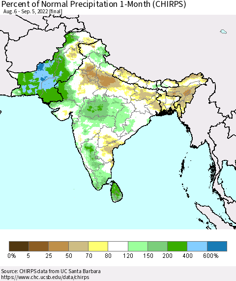 Southern Asia Percent of Normal Precipitation 1-Month (CHIRPS) Thematic Map For 8/6/2022 - 9/5/2022