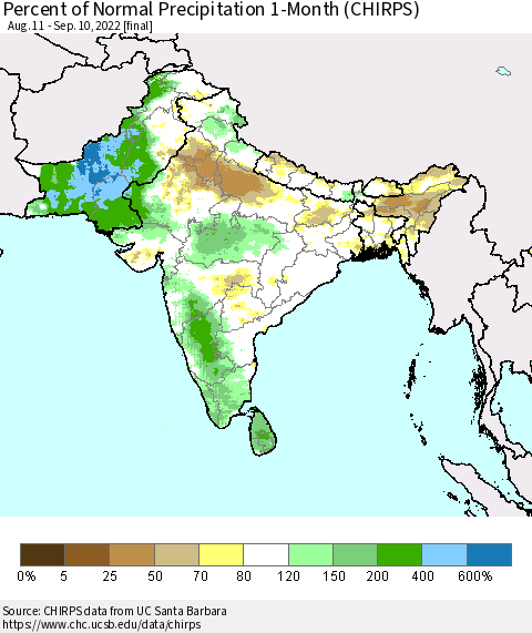 Southern Asia Percent of Normal Precipitation 1-Month (CHIRPS) Thematic Map For 8/11/2022 - 9/10/2022