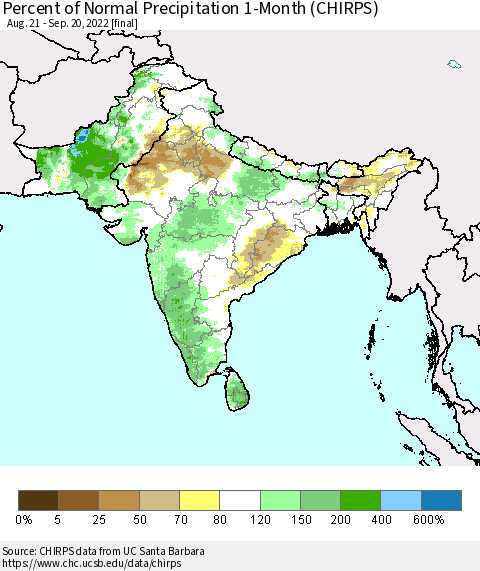 Southern Asia Percent of Normal Precipitation 1-Month (CHIRPS) Thematic Map For 8/21/2022 - 9/20/2022